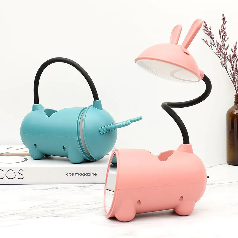 Green cartoon desktop table lamp with USB cable and built-in pen storage compartments