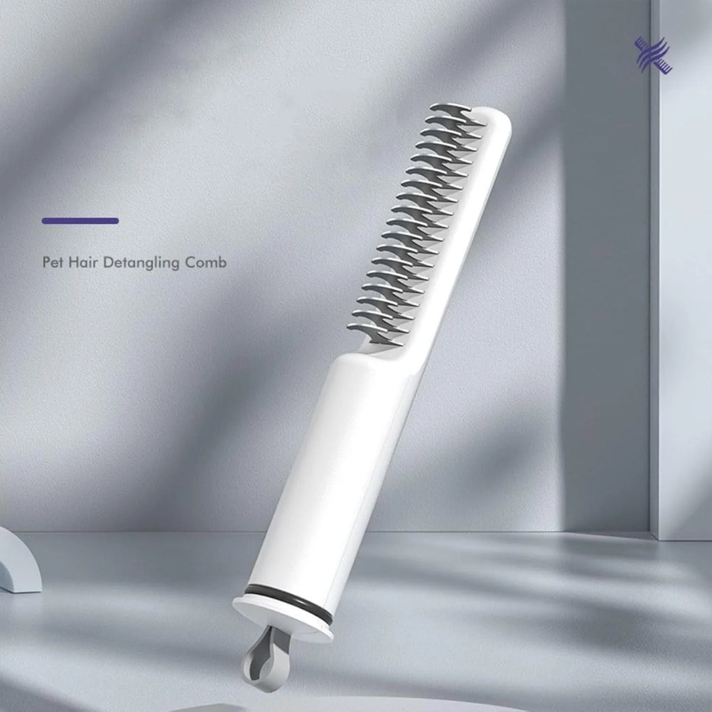 Pink and white pet dematting combs with stainless steel teeth on a wooden surface