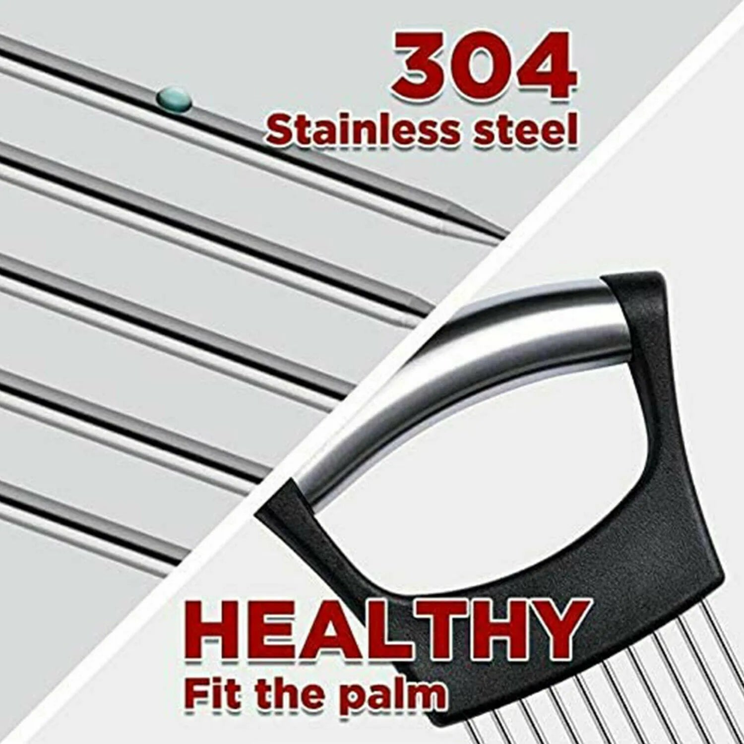 Stainless steel onion and tomato slicer holder with ABS handle on a kitchen counter