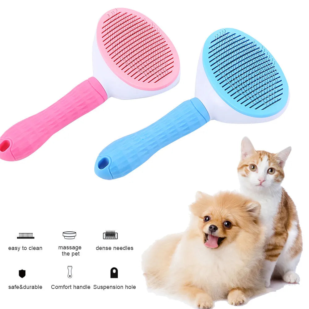 Pet self-cleaning comb with thick steel needles, blue handle, 18.5cm length, for dogs and cats