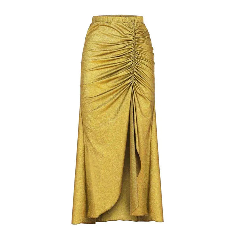 Women's high-waist split bikini set with matching skirt in yellow or green colour