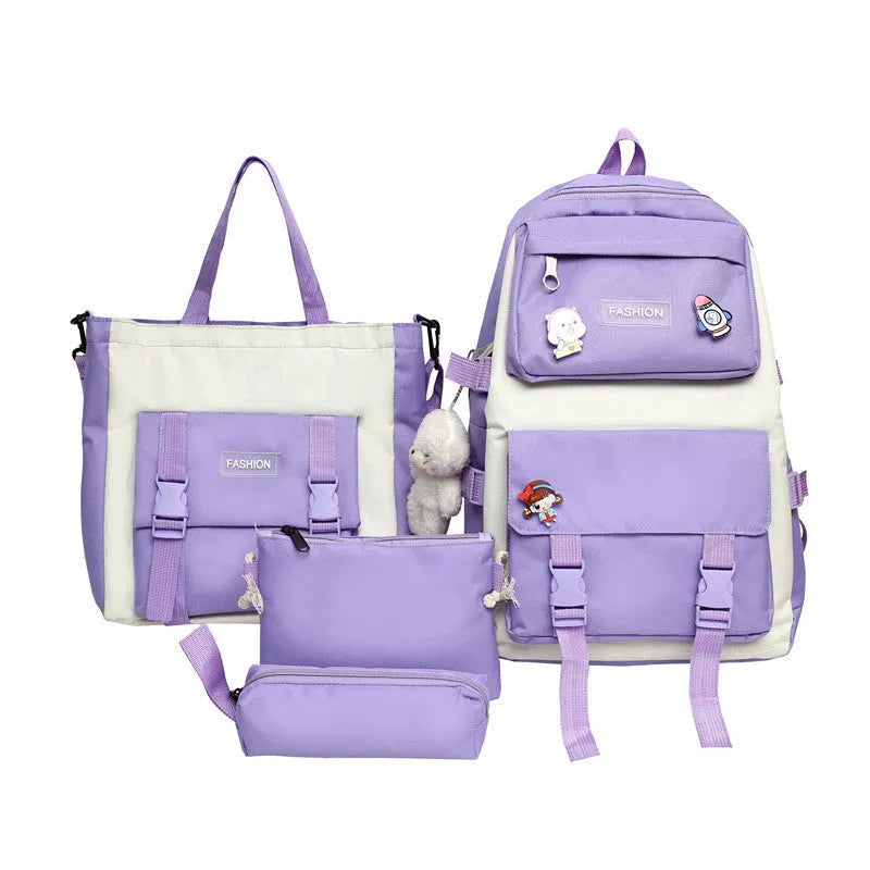 Korean style Mori casual Oxford cloth student four-piece set backpack in pink, breathable with curved shoulder strap