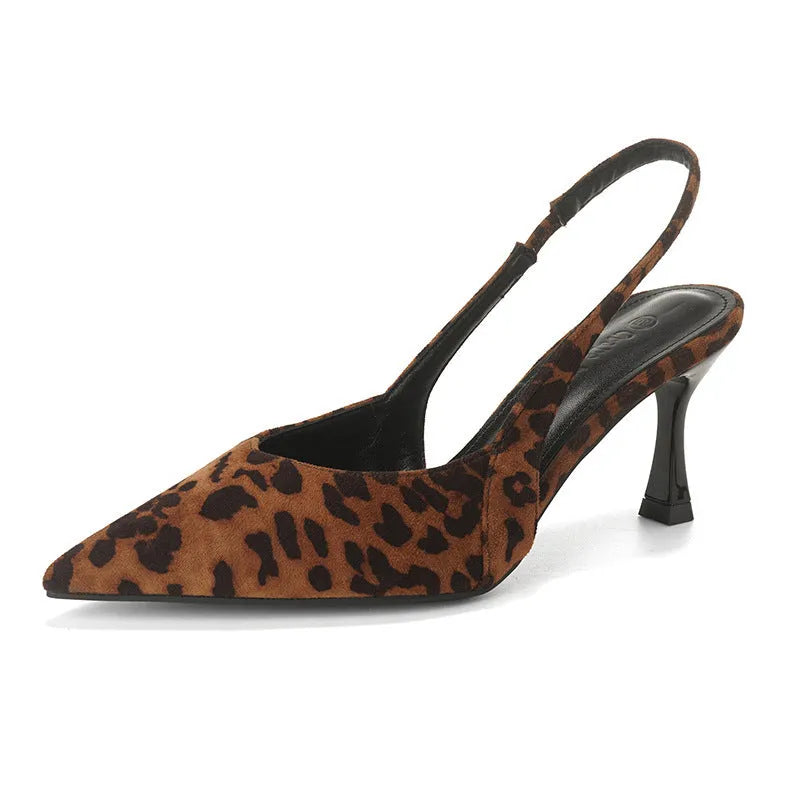 Women's satin closed toe pointed toe slingback high heel sandals in leopard print with split toe holder