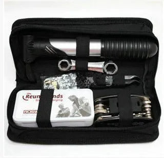 SNJUE AE107 black bicycle repair tool kit with chrome plated socket wrenches, screwdrivers, and tyre repair supplies arranged in case