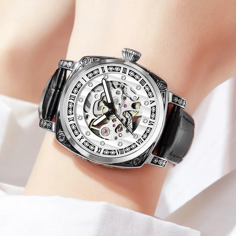 Men's analogue mechanical watch with luminous hands on a leather strap, shown in multiple colour options.