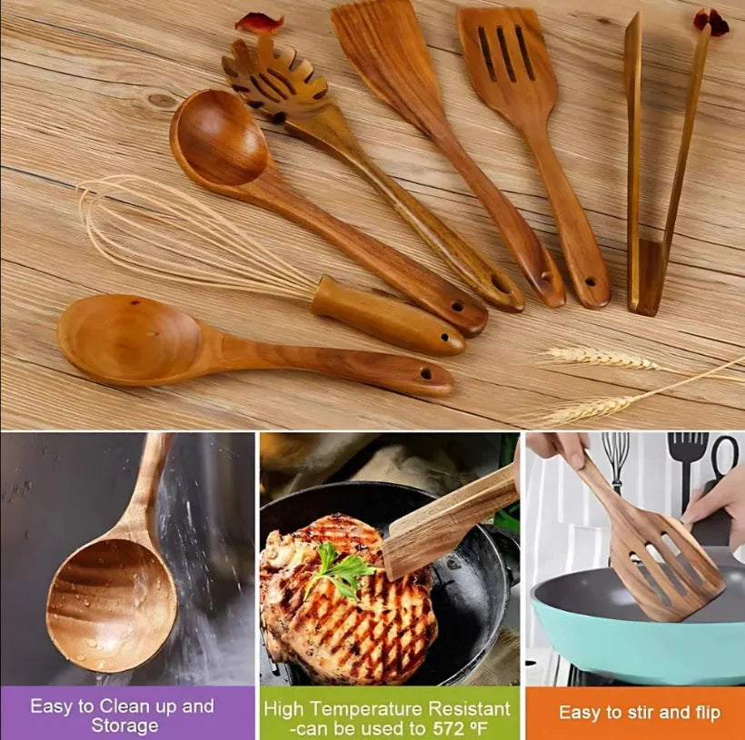 Seven wooden spoon shovels with anti-slip handles for non-stick pan cooking
