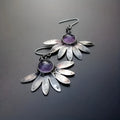 Purple resin gemstone Bohemian style floral earrings with detailed plant and flower modelling on alloy base