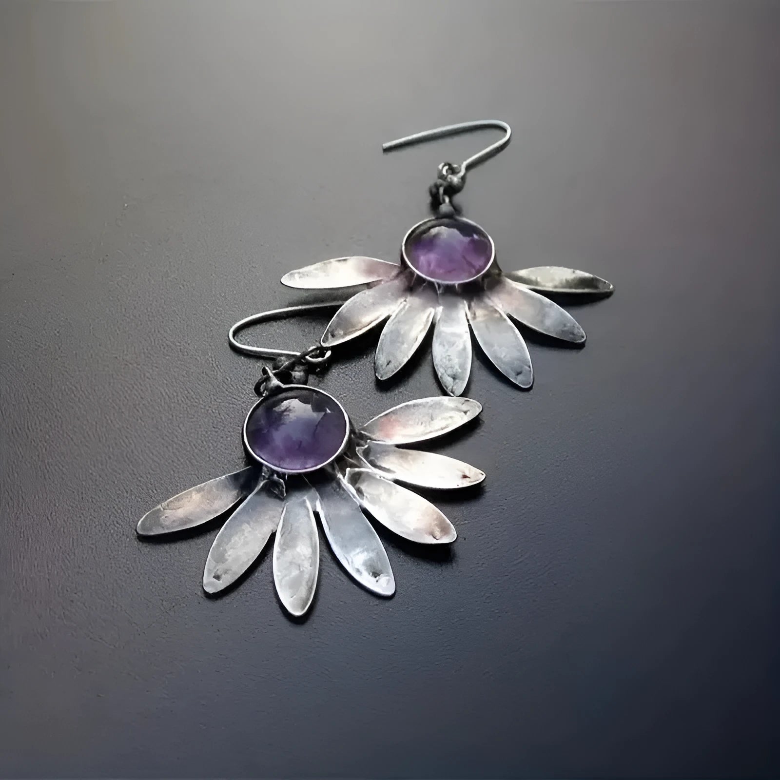 Purple resin gemstone Bohemian style floral earrings with detailed plant and flower modelling on alloy base
