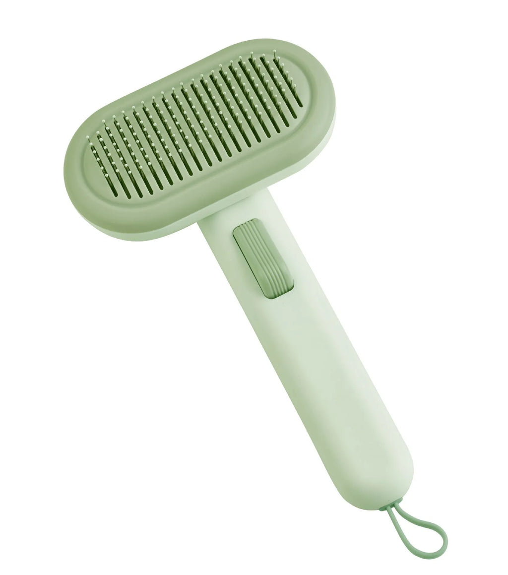 Large pet grooming comb with stainless steel teeth and one-click cleaning button in light grey colour