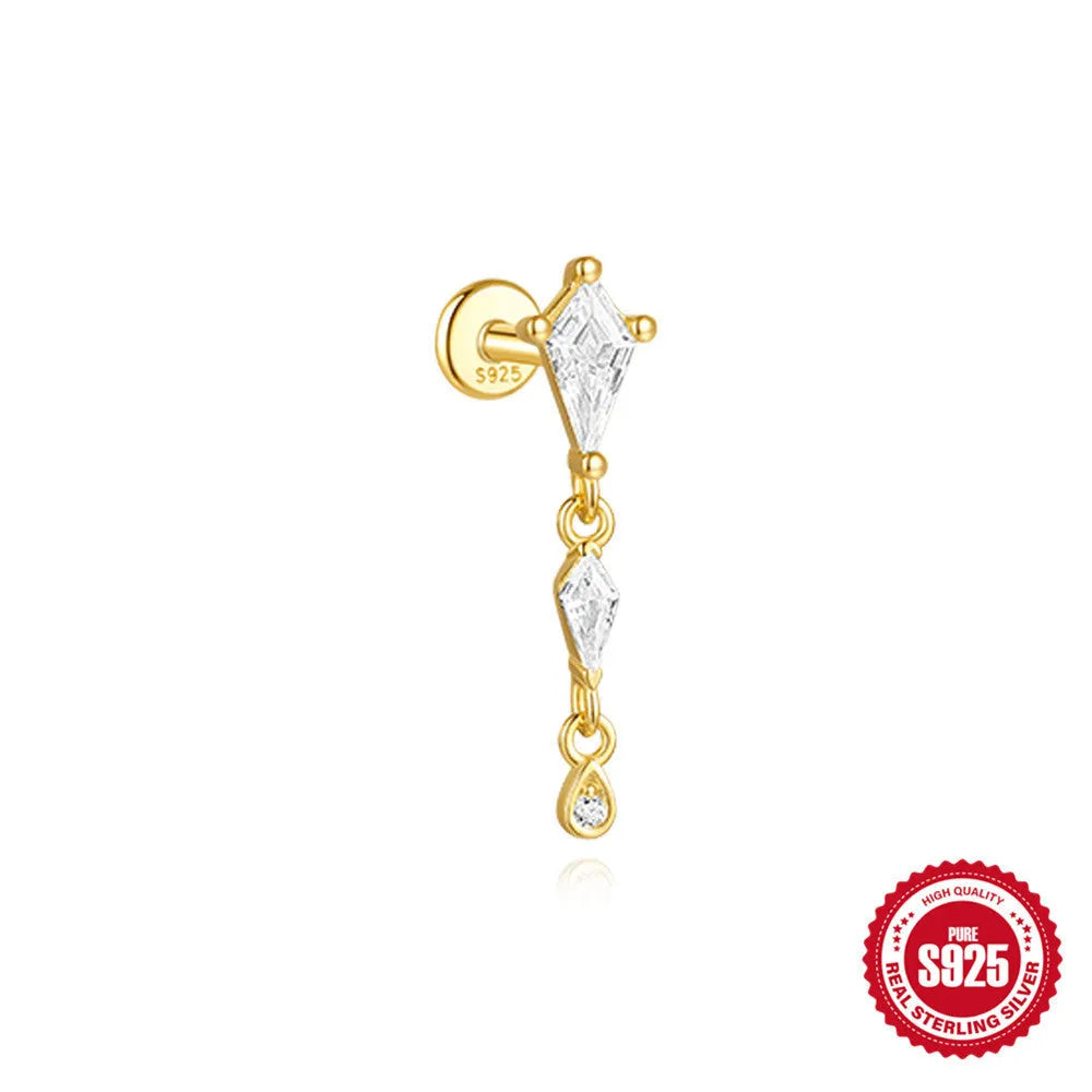 S925 sterling silver geometric kite earring with rhinestones and a chain tassel in a gold colour.