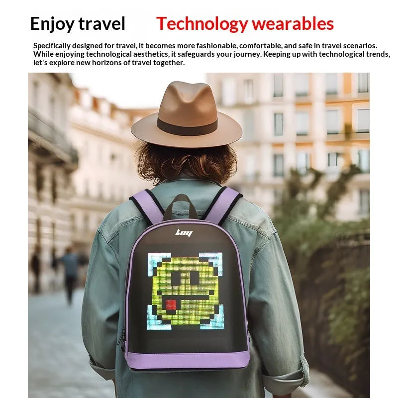 Waterproof leisure backpack with LED display, anti-theft pocket, 26x11x30cm, PU material, breathable polyester lining