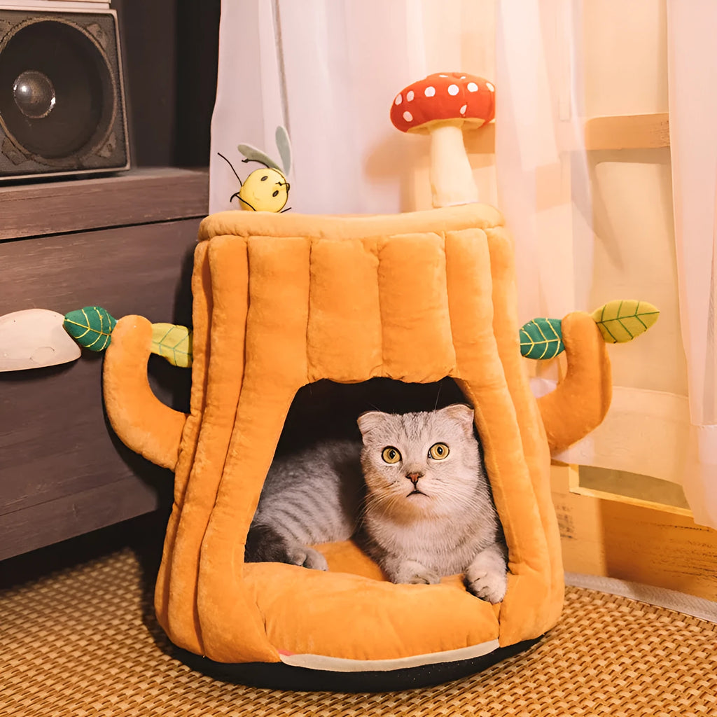 PP cotton lined semi-enclosed tree stump cat sleeping bag 40cm high 38cm diameter for small pets