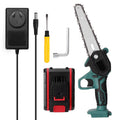 Black one-handed mini electric chainsaw with a 4-inch guide bar on a wooden surface.