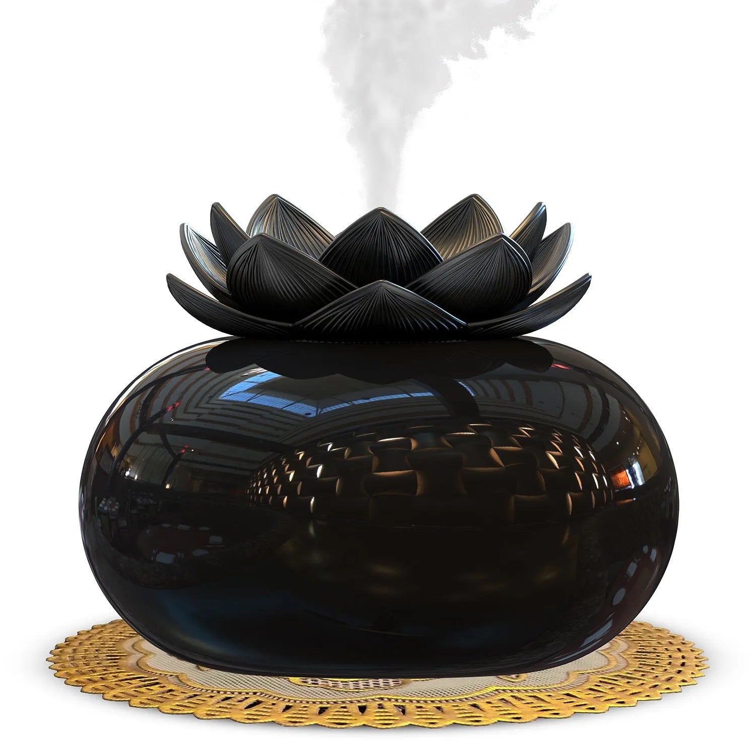 Pure black Lotus ultrasonic aromatherapy humidifier with round shape and USB cable.
