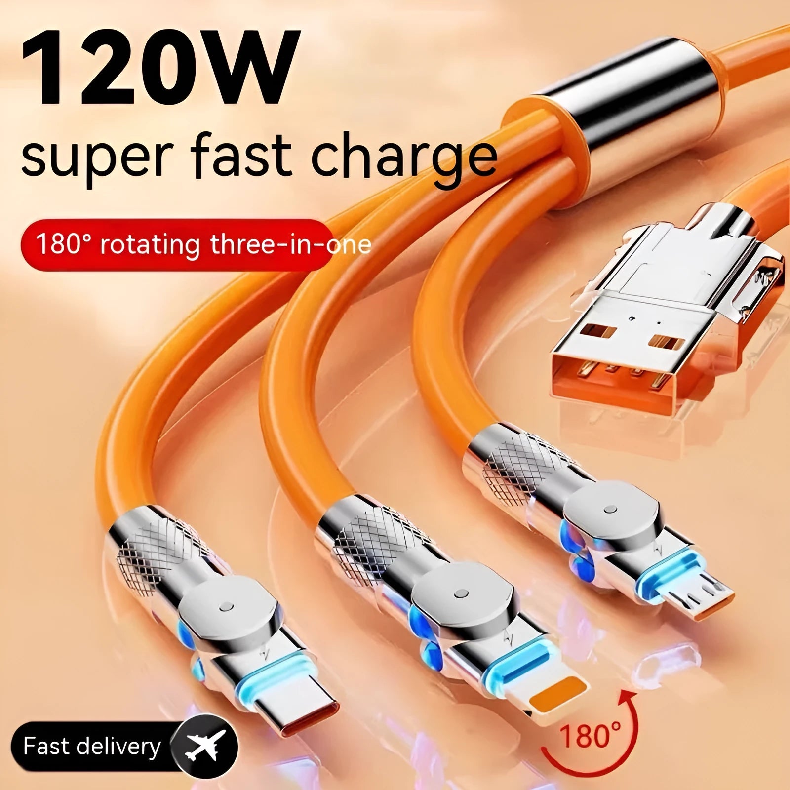 Zinc alloy three-in-one rotating data cable with LED light in orange red colour