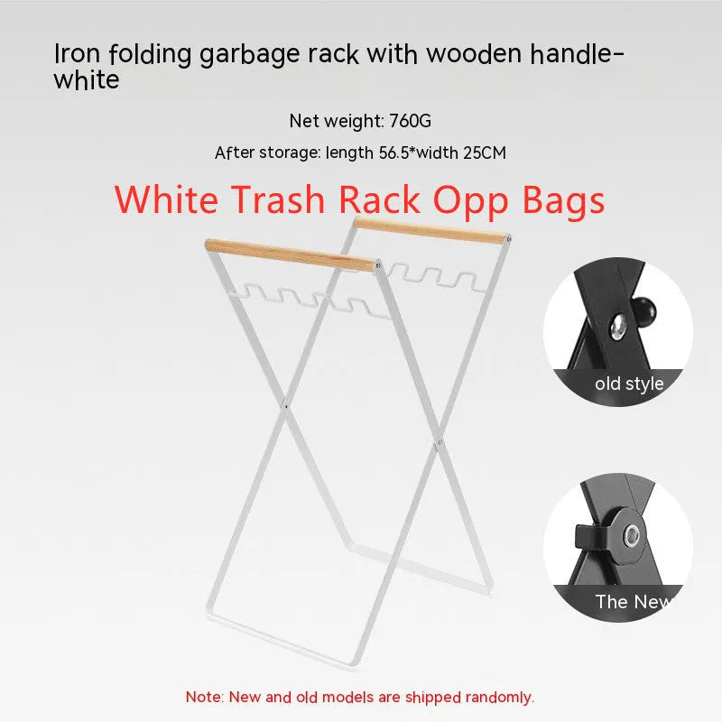 Wooden handle wrought iron folding outdoor trash storage hanger in black or white finish
