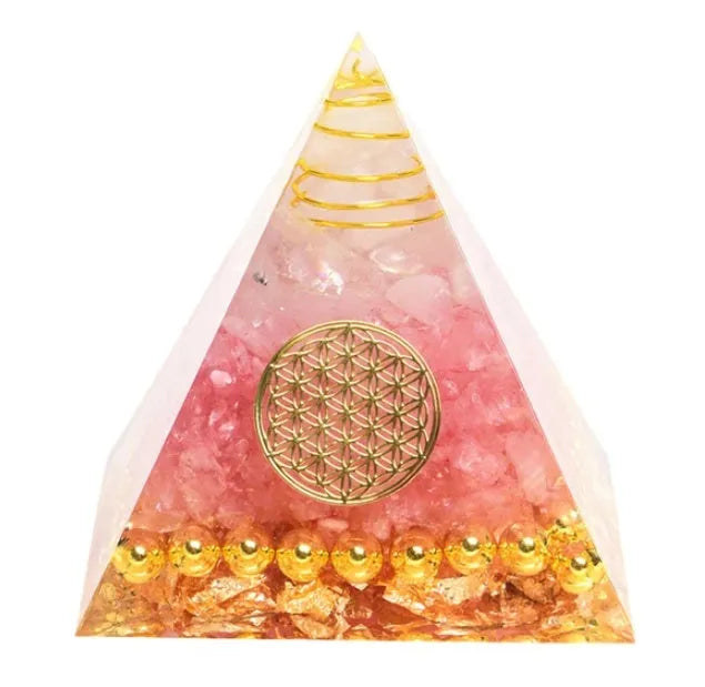 Clear epoxy resin pyramid ornament with embedded blue lapis lazuli crystal gravel, 6cm tall.