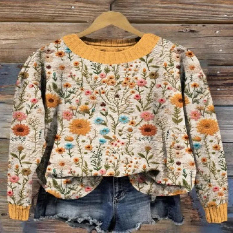 Little Flower digital printed round neck polyester sweater shown in one of twelve available colours.