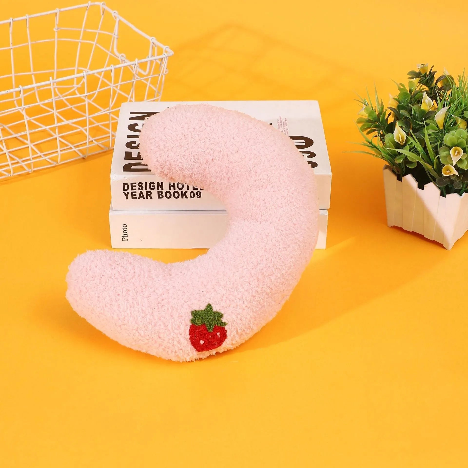 U-shaped half moon pet pillow with cartoon design for dogs and cats in blue colour