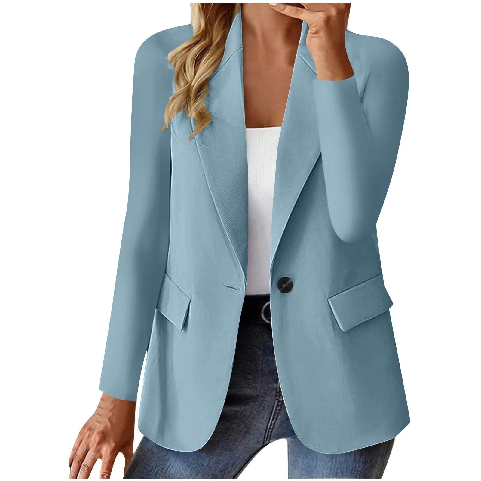 Women's slim fit long sleeve solid color cardigan jacket with pockets in black, front view