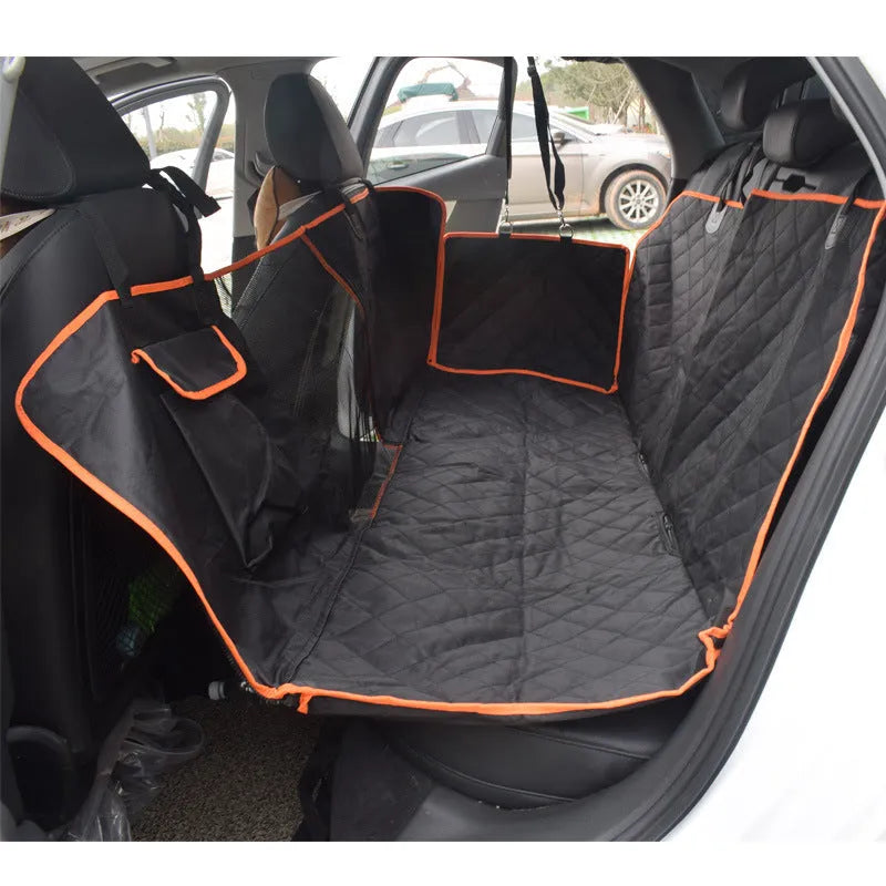 Black 600D Oxford cloth pet car seat cover with orange edge on rear bench