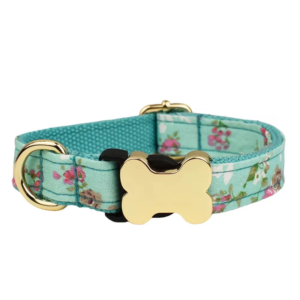 Flat fabric printed grid dog collar with bone buckle in multiple colour options