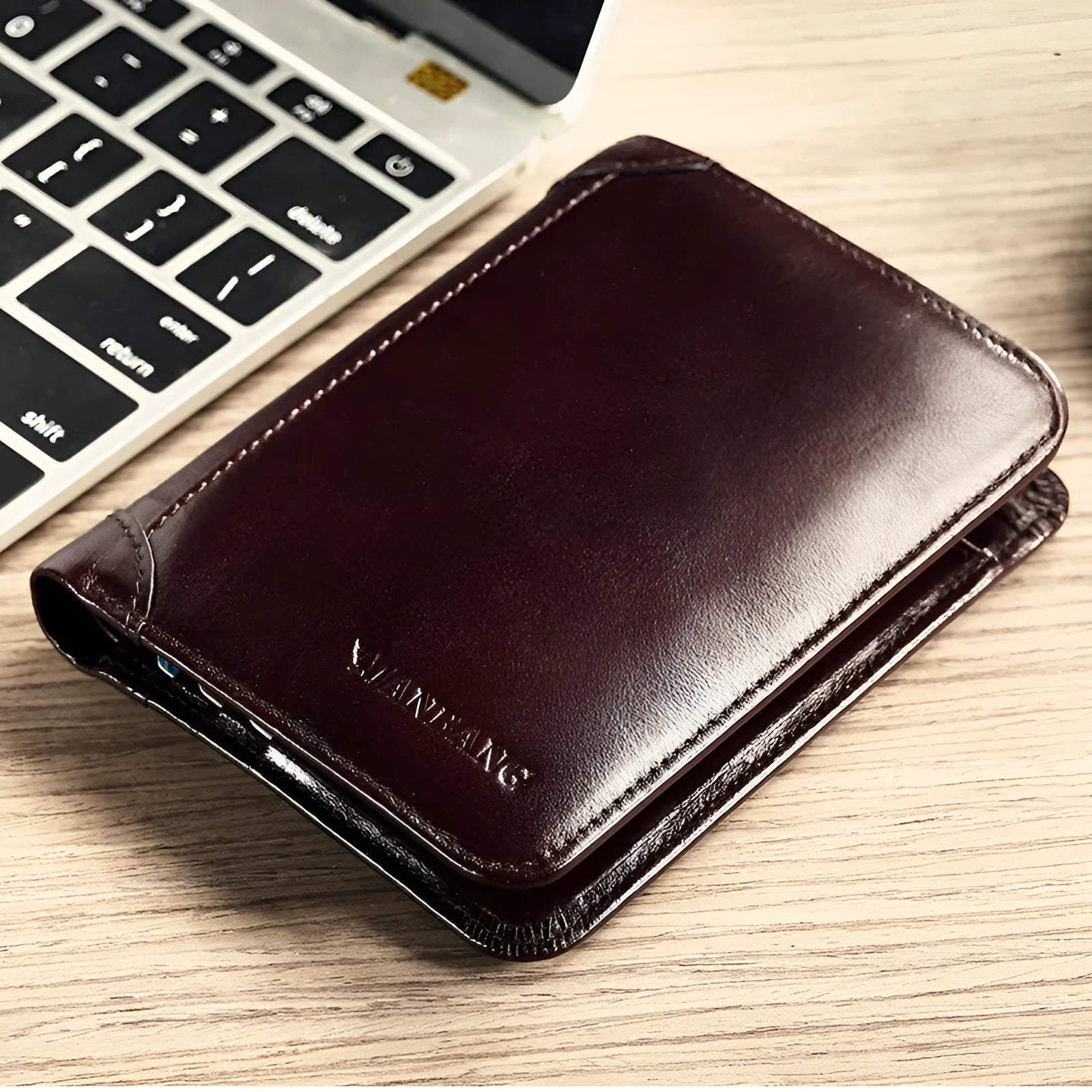 Men's leather wallet showing internal compartments for banknotes, cards, coins, and documents