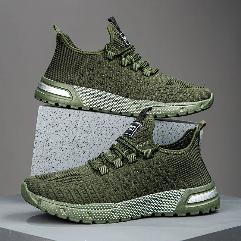 Men's lightweight mesh casual shoes in army green colour, size 42 displayed on white background