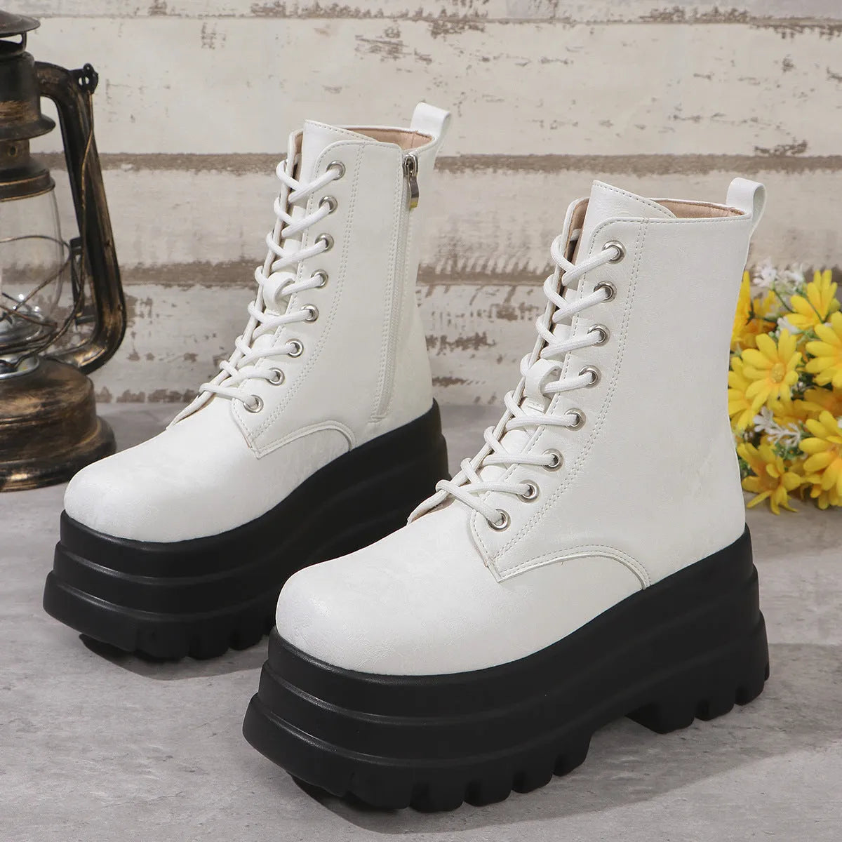 Women's retro platform Martin boots in black with patchwork round toe and side zipper