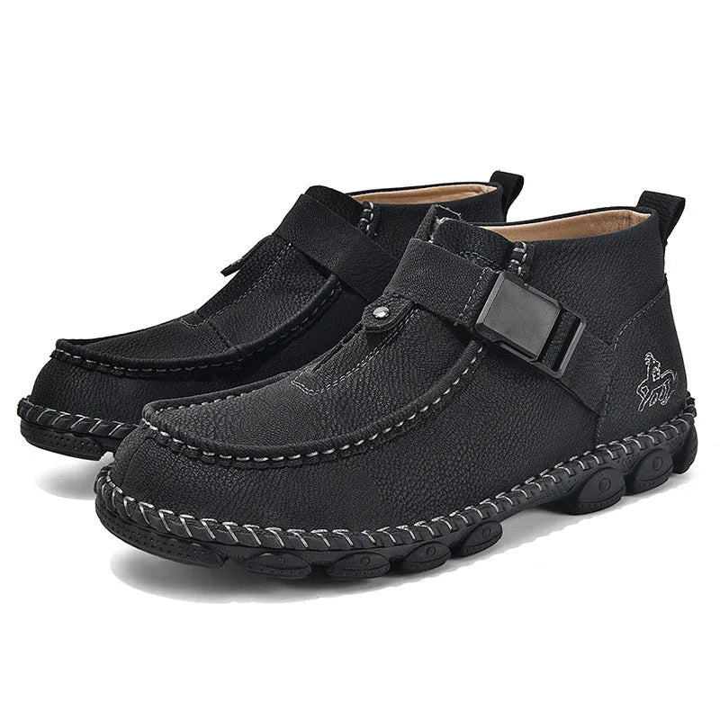 Men's black handmade stitching slip-on casual shoes with flat sole and literary retro style