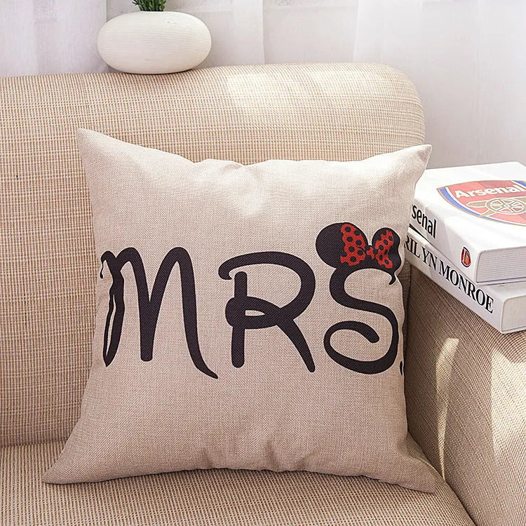 Valentine linen pillowcase with cartoon design in MR and MRS colour options, 45x45cm square