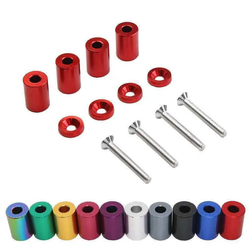 Aluminium machine cover pad height spacer kit with screws, nuts, and washers in red, blue, and black colours.