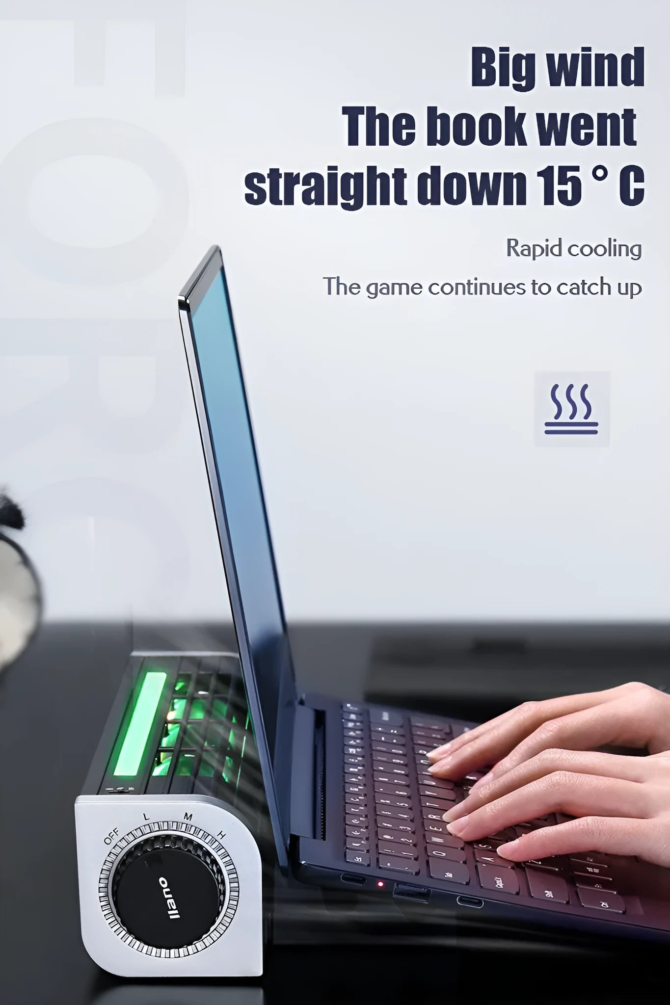 Black notebook cooling pad with USB cable and optional support stand angled for laptop use.