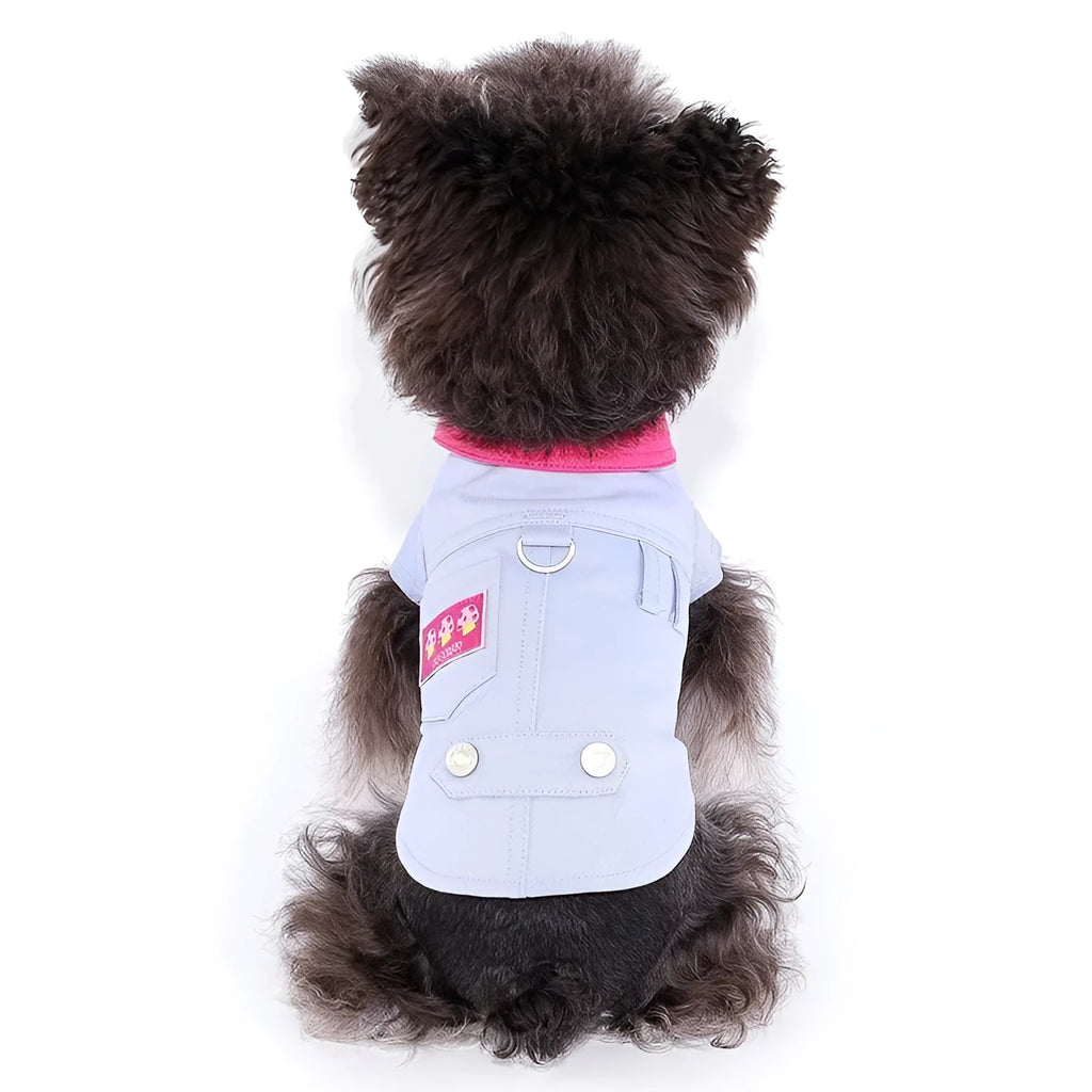 Blue and purple polyester vest for a small dog with a front metal D-ring for a lead.