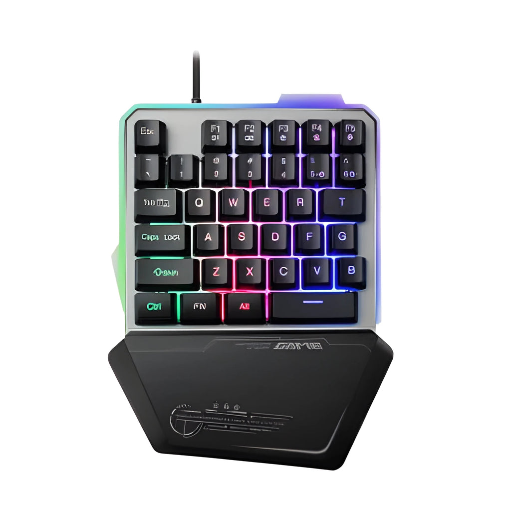 Black robotic one-handed mechanical keyboard with RGB backlit keys on a G40 flow colour plate.