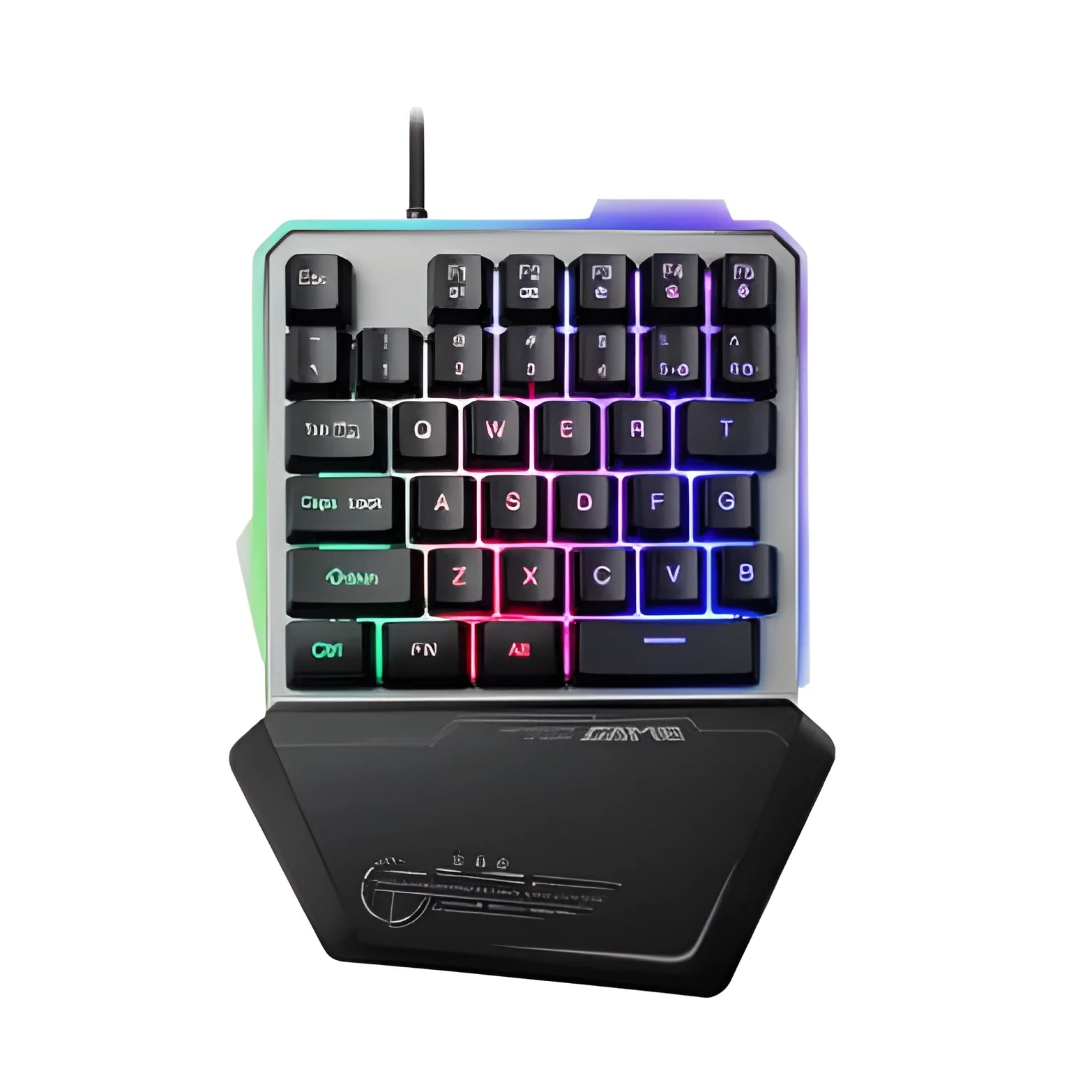 Black robotic one-handed mechanical keyboard with RGB backlit keys on a G40 flow colour plate.
