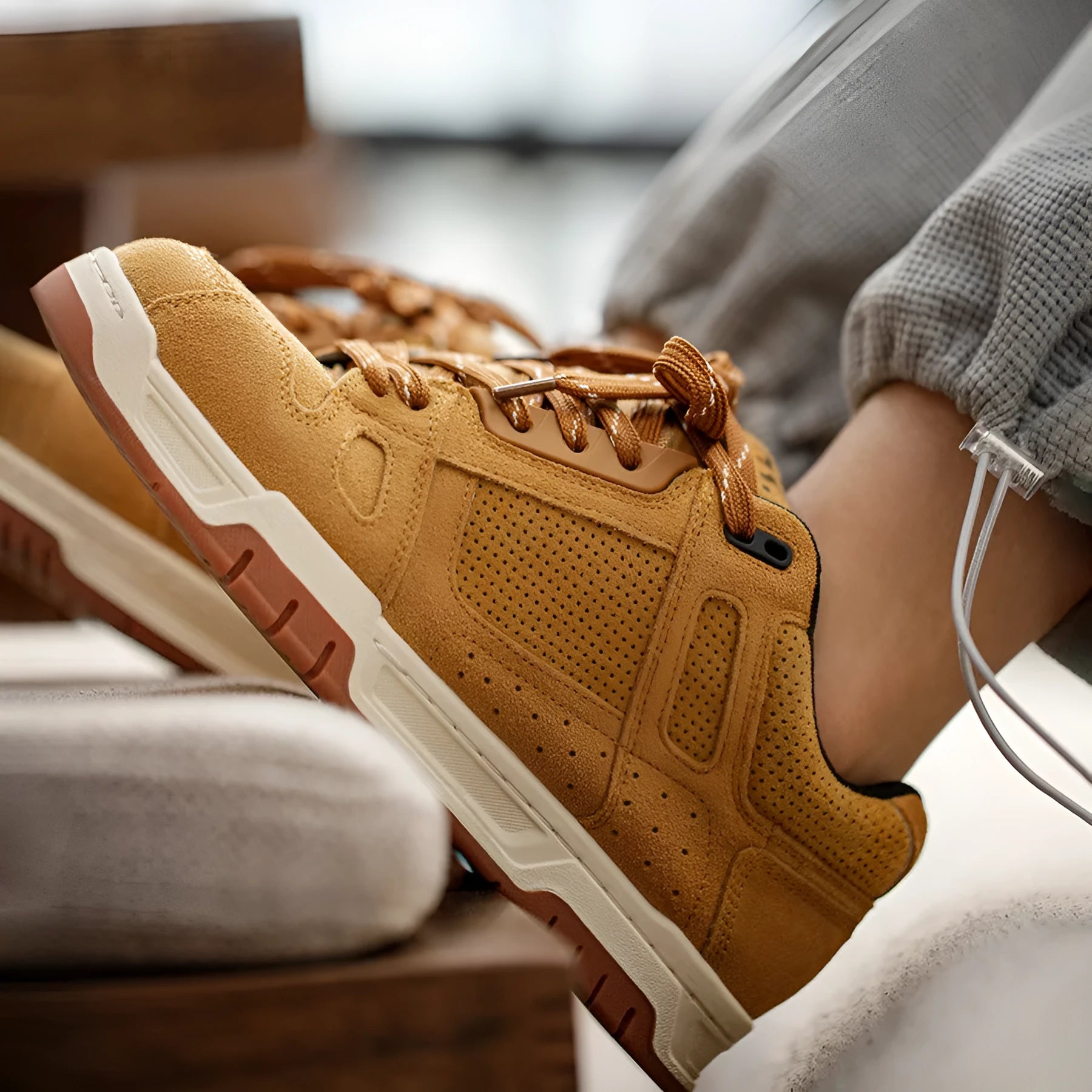 Retro suede platform bread shoes in wheat colour with lace-up closure and round toe design
