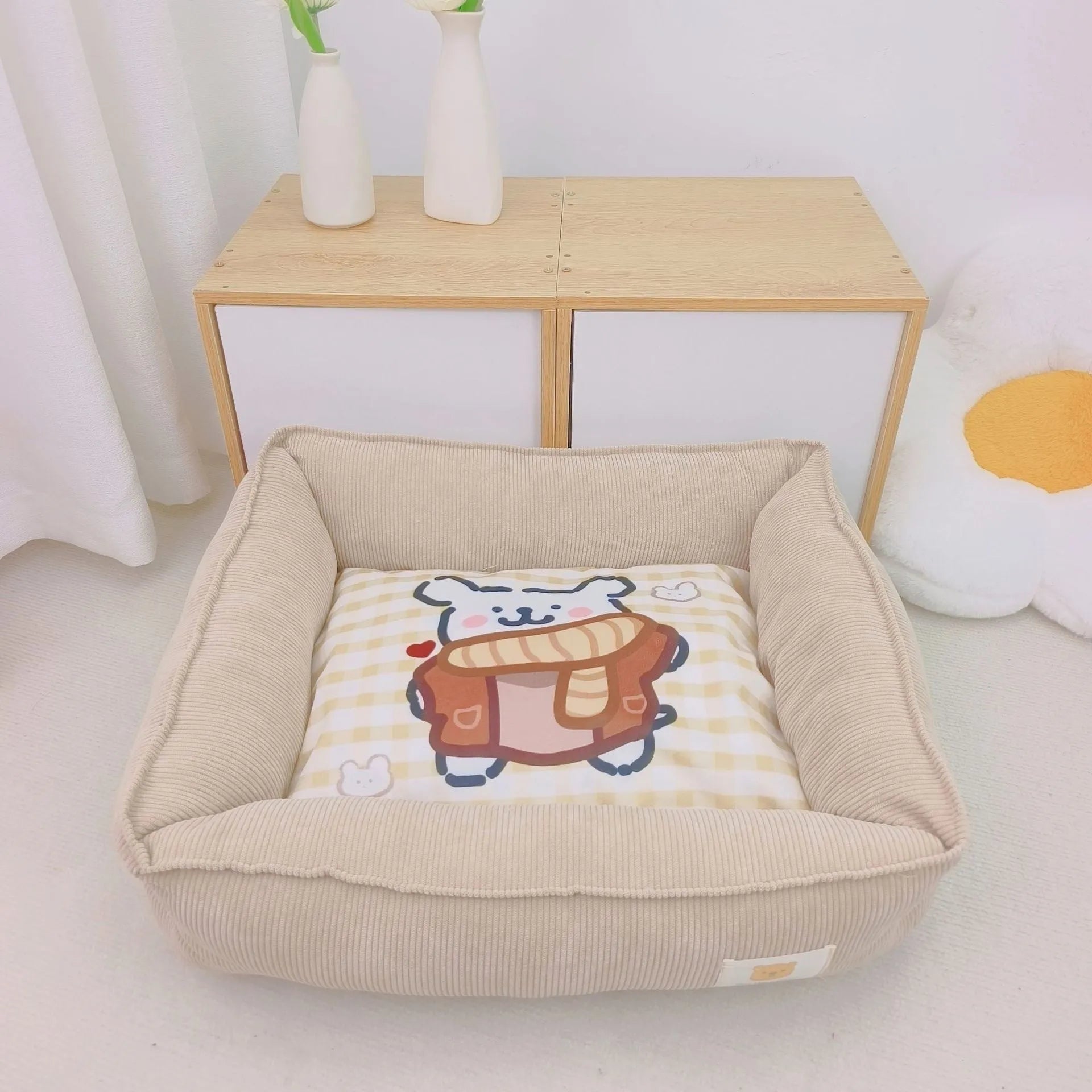 Light blue winter dog nest with soft velvet lining, shown in a 50x40cm size.