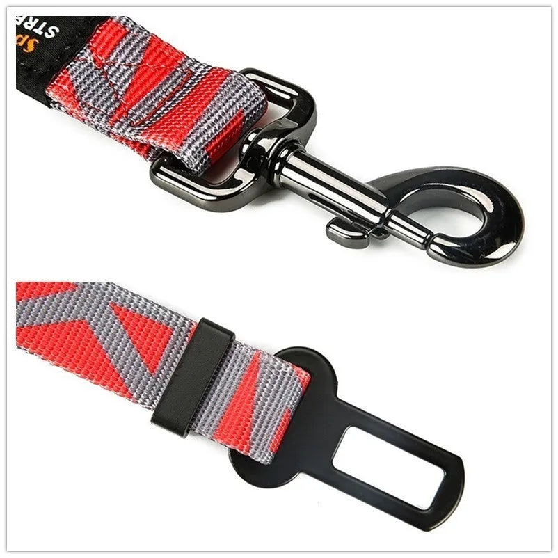 Pet car seat belt with reflective strip, nylon webbing, zinc alloy buckle, 76-148cm adjustable, various colours