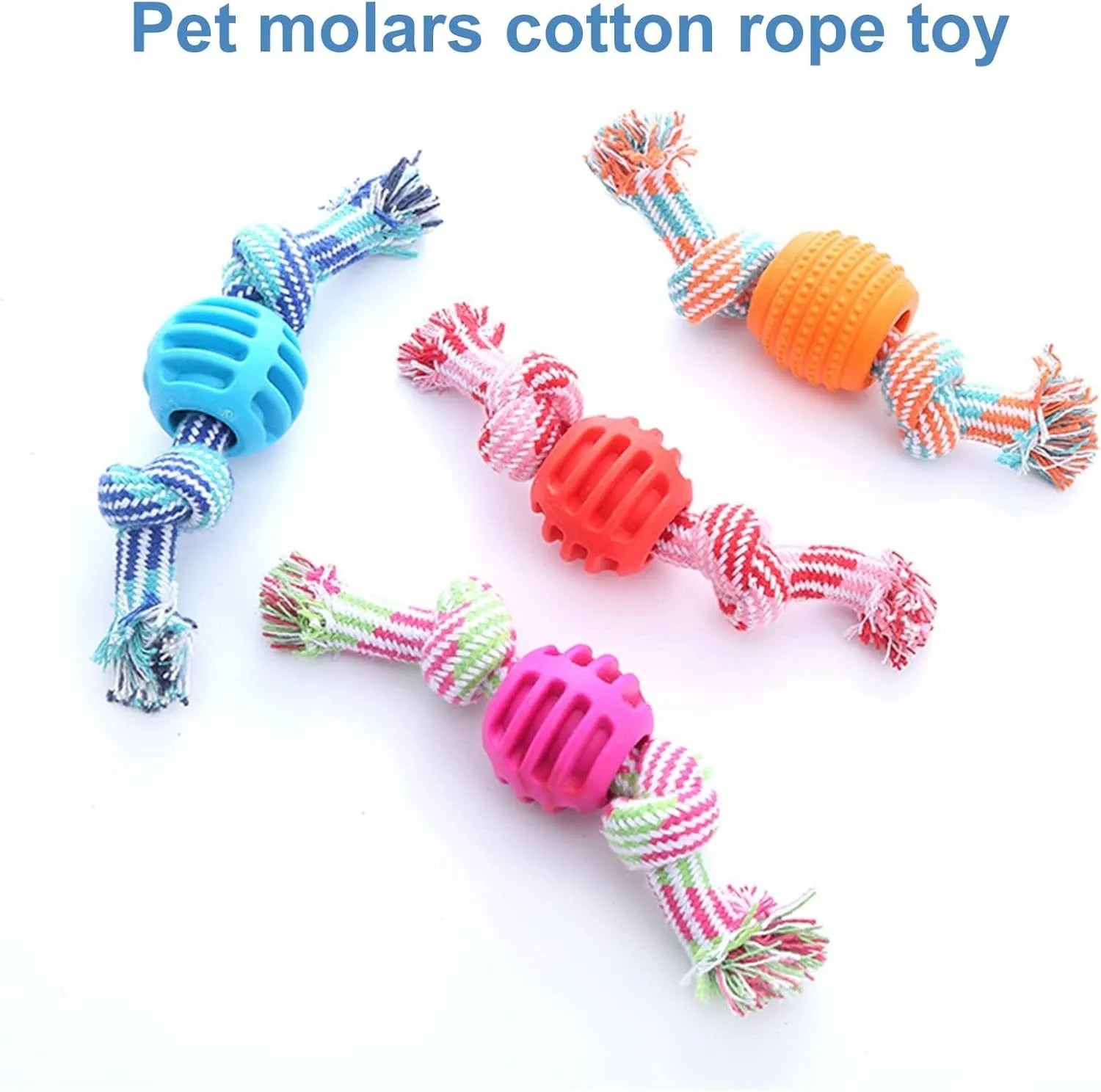 Blue soft dog chew toy in molar shape with integrated white ropes for dental cleaning.