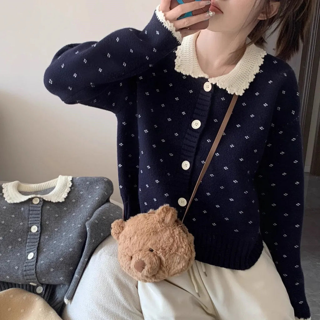 Retro Peter Pan collar knitted cardigan coat with floral pattern in cashmere blend fabric
