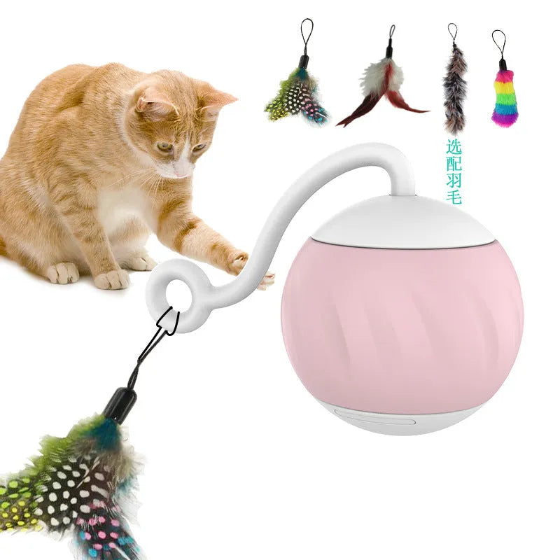 Electric cat toy ball with LED lights showing watermelon cat design and automatic bouncing movement