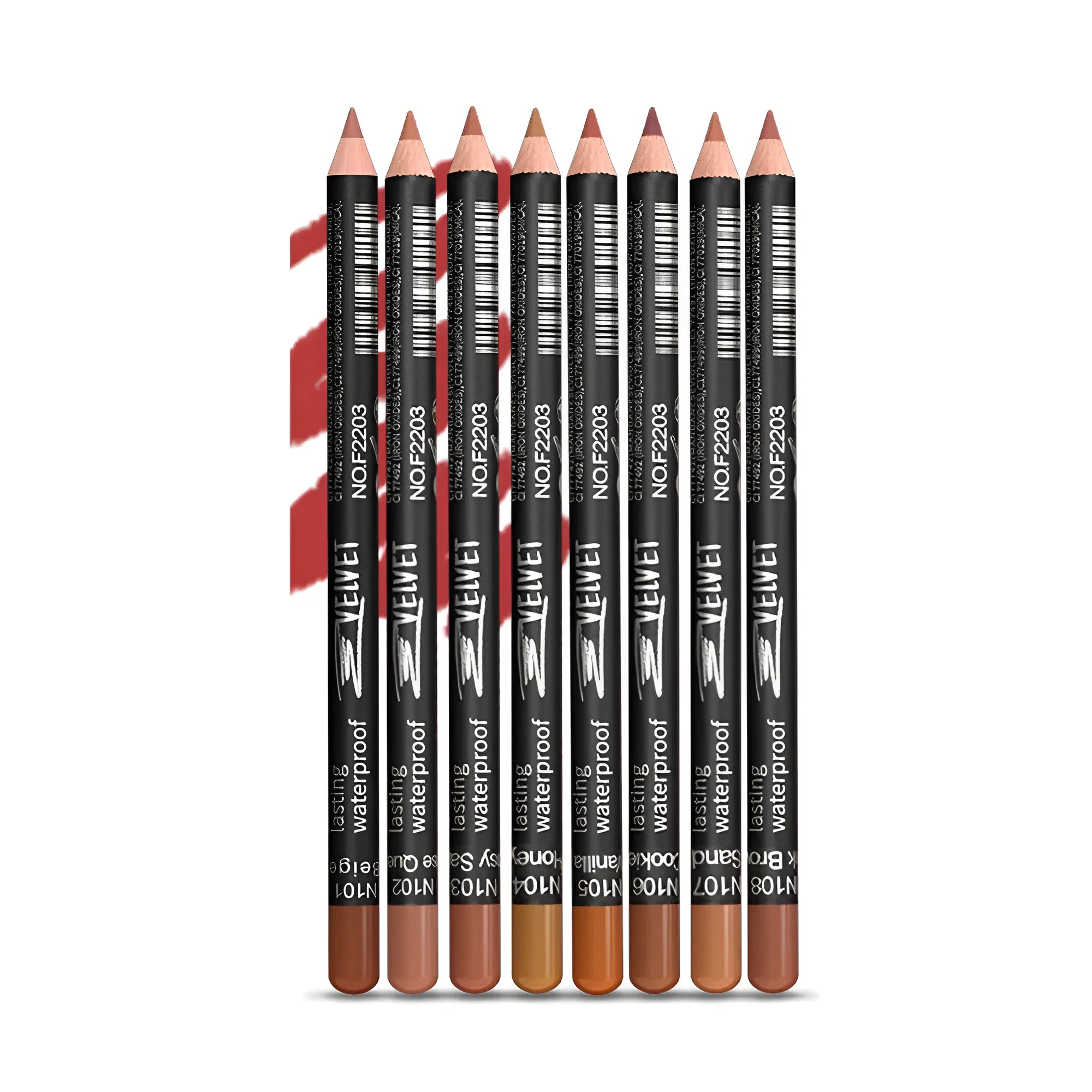 Wood-cased matte lip liner pencil in one of fourteen shades, shown on a hand