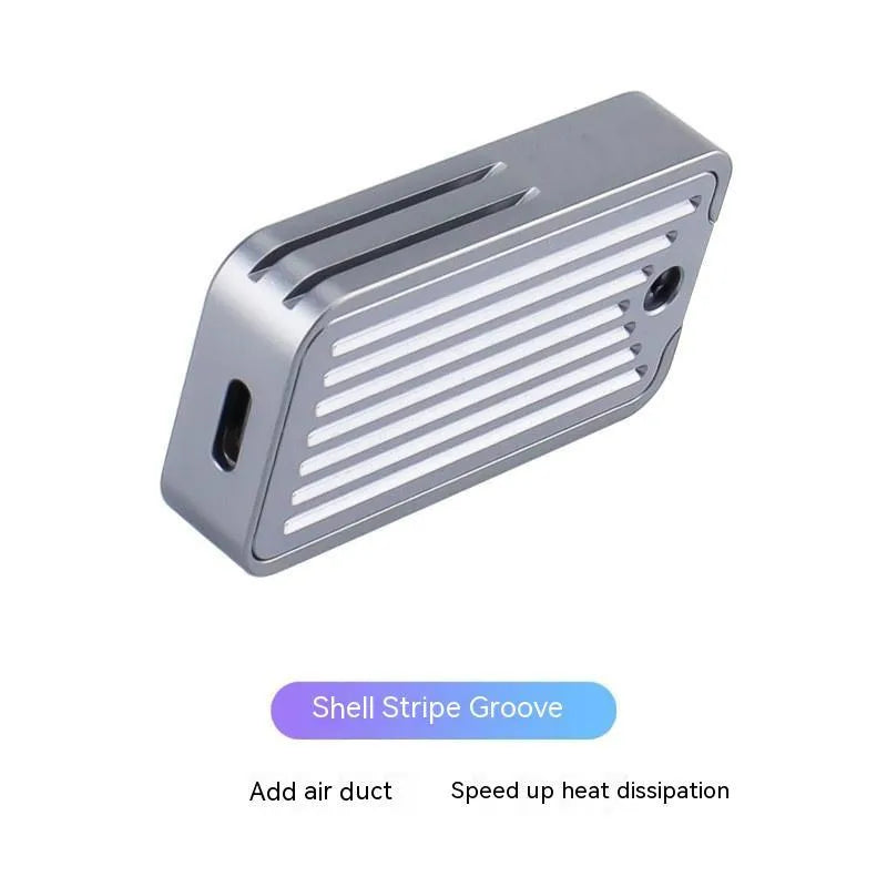 Compact silver aluminium M.2 NVMe to USB-C SSD enclosure showing its small size and USB-C port.