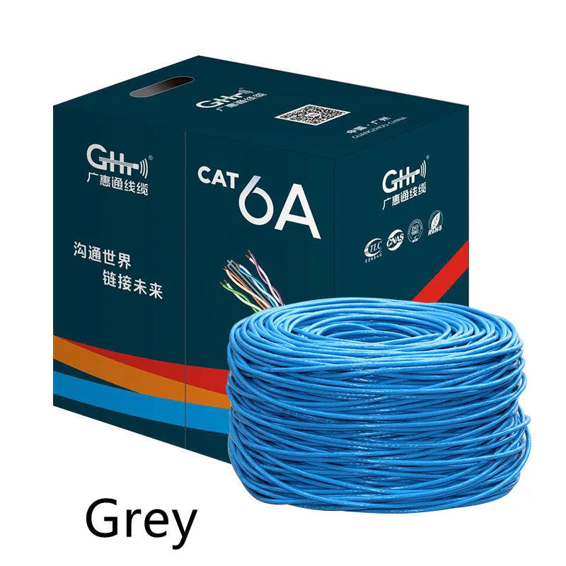 A blue reel of Cat 6a Ethernet cable with oxygen-free copper core, labelled 305 metres and 10Gb/s.