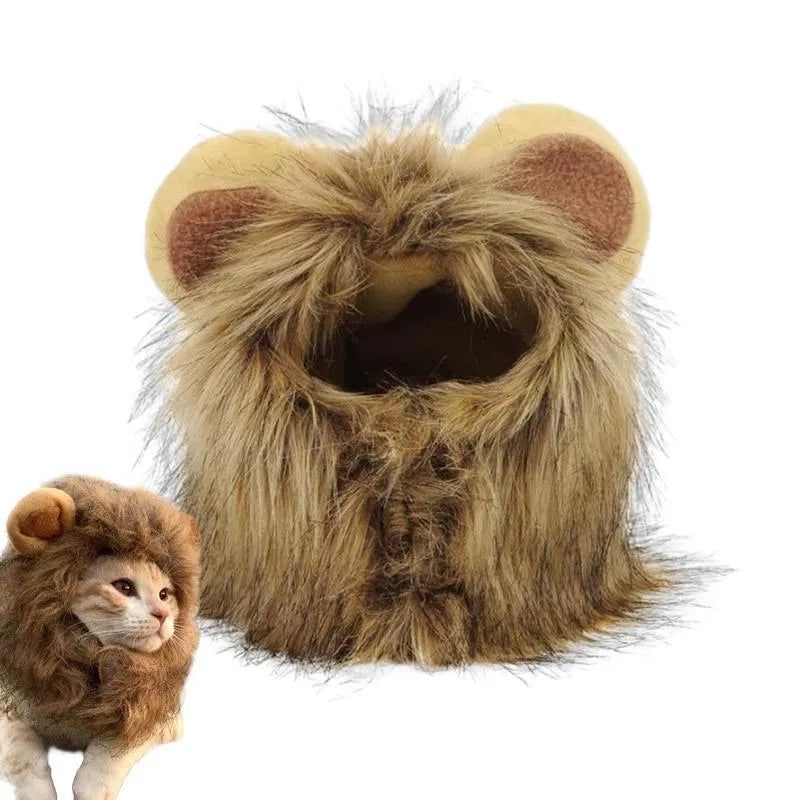 A cat wearing a brown lion mane wig with plush ears and an adjustable strap.