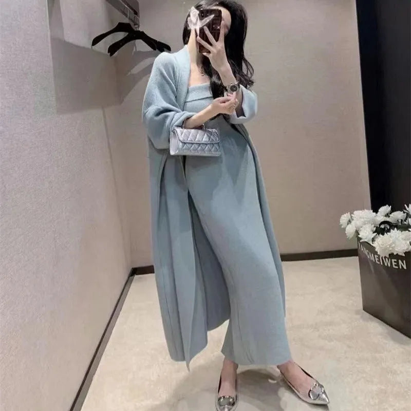 Women's grey knitted cardigan dress and coat two-piece suit set with flocking detail