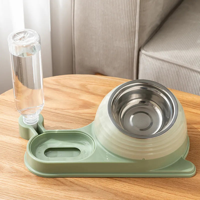 Elevated cat food bowl with water dispenser bottle in green colour