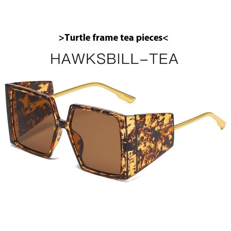 Large square frame sunglasses showing seven colour options including black, blue, champagne, orange, green, white and hawksbill