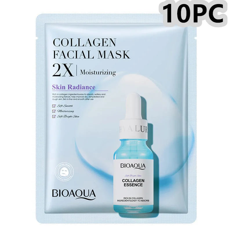 Collagen and Hyaluronic Acid facial sheet mask set with 30g gel formula on white background